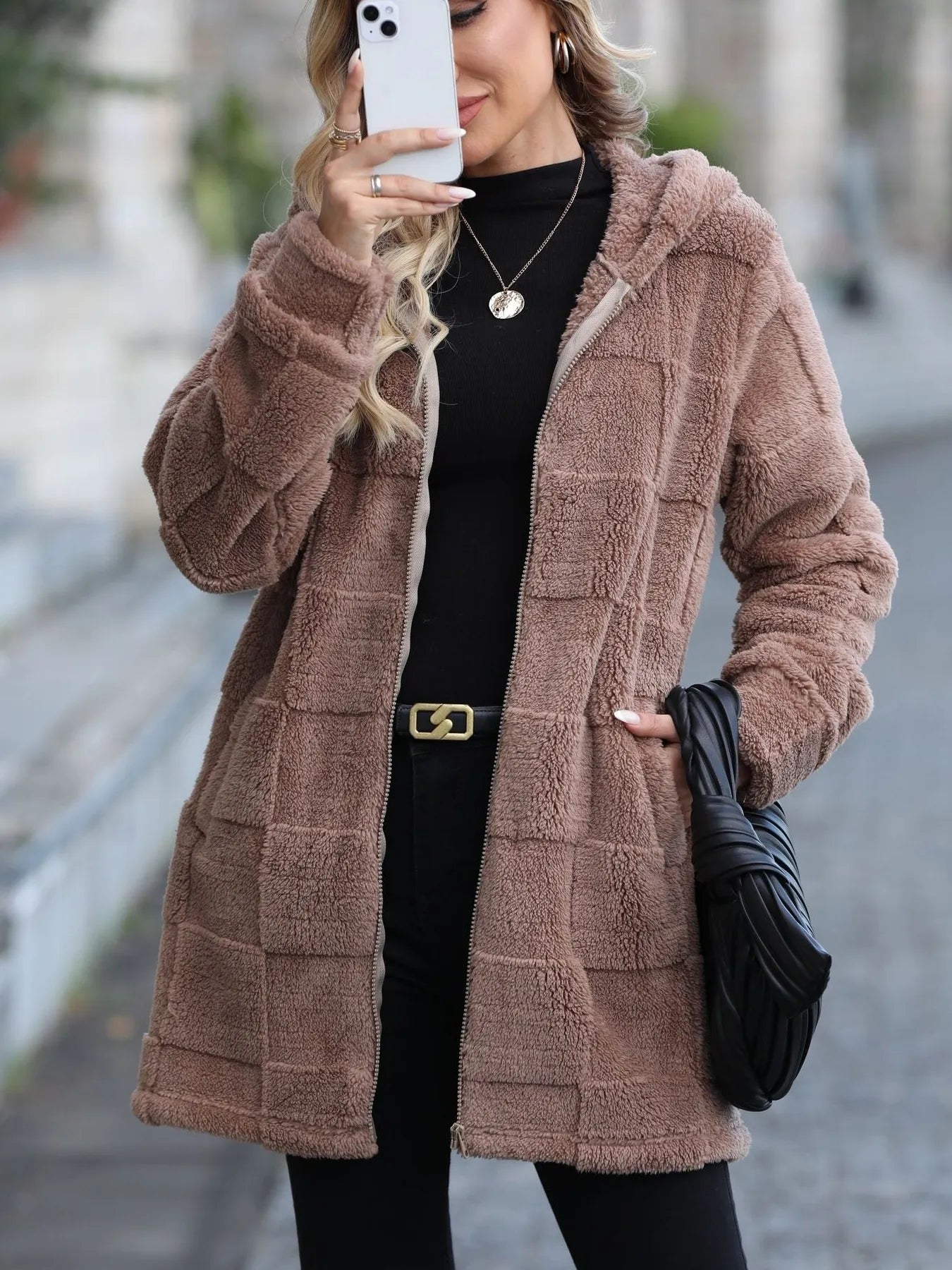 Oversized Fleece Zip Up Hooded Outerwear With Pockets