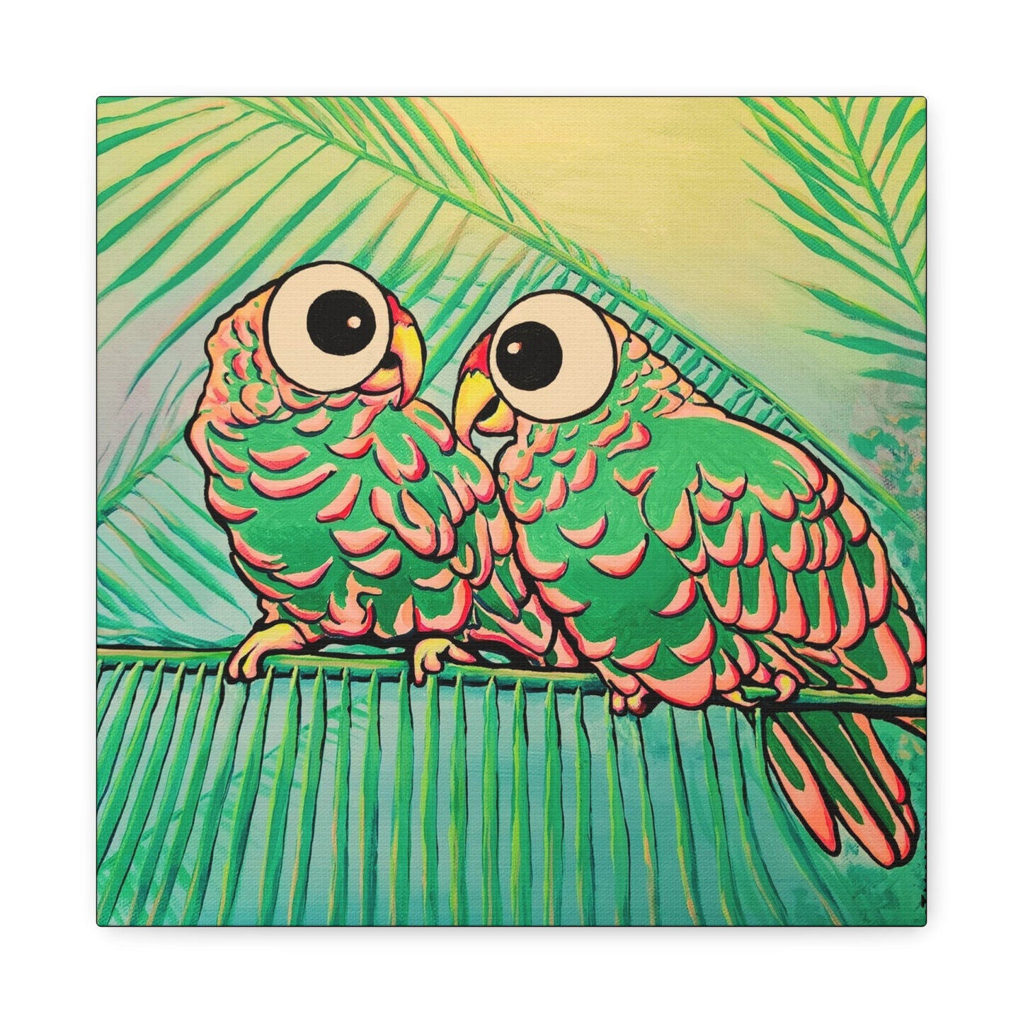 Chatty Cyclops Parrots Original Canvas Art Print, Bird Art, Tropical Vibes
