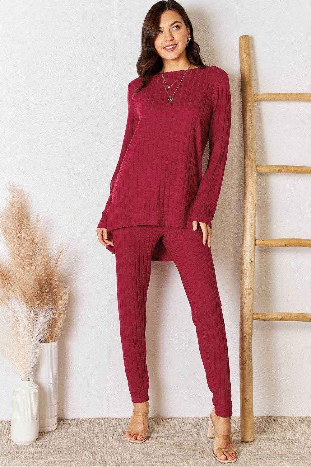 Basic Bae Full Size Ribbed Round Neck High-Low Slit Top Set