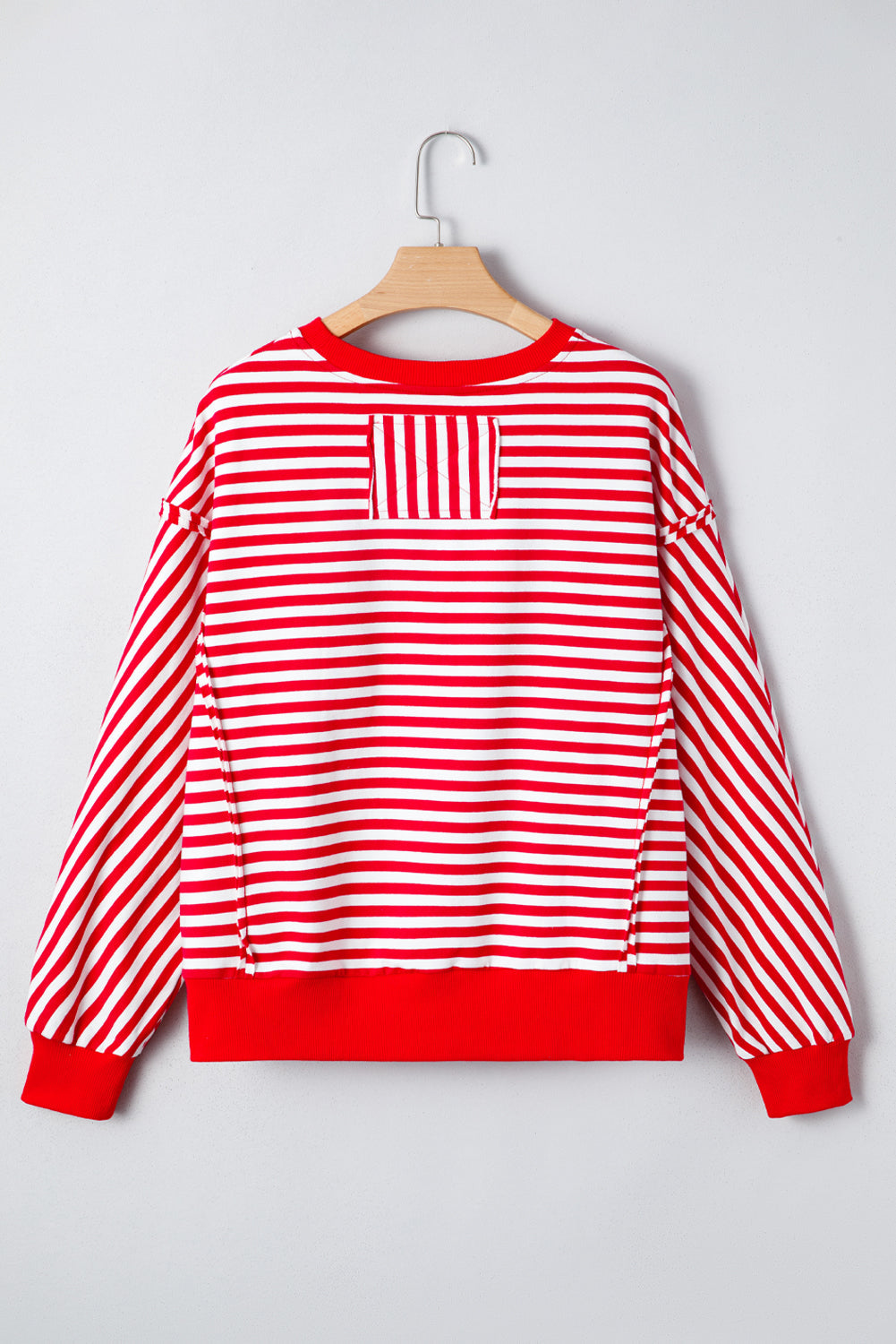 Red Striped Exposed Seam Drop Shoulder Long Sleeve Top