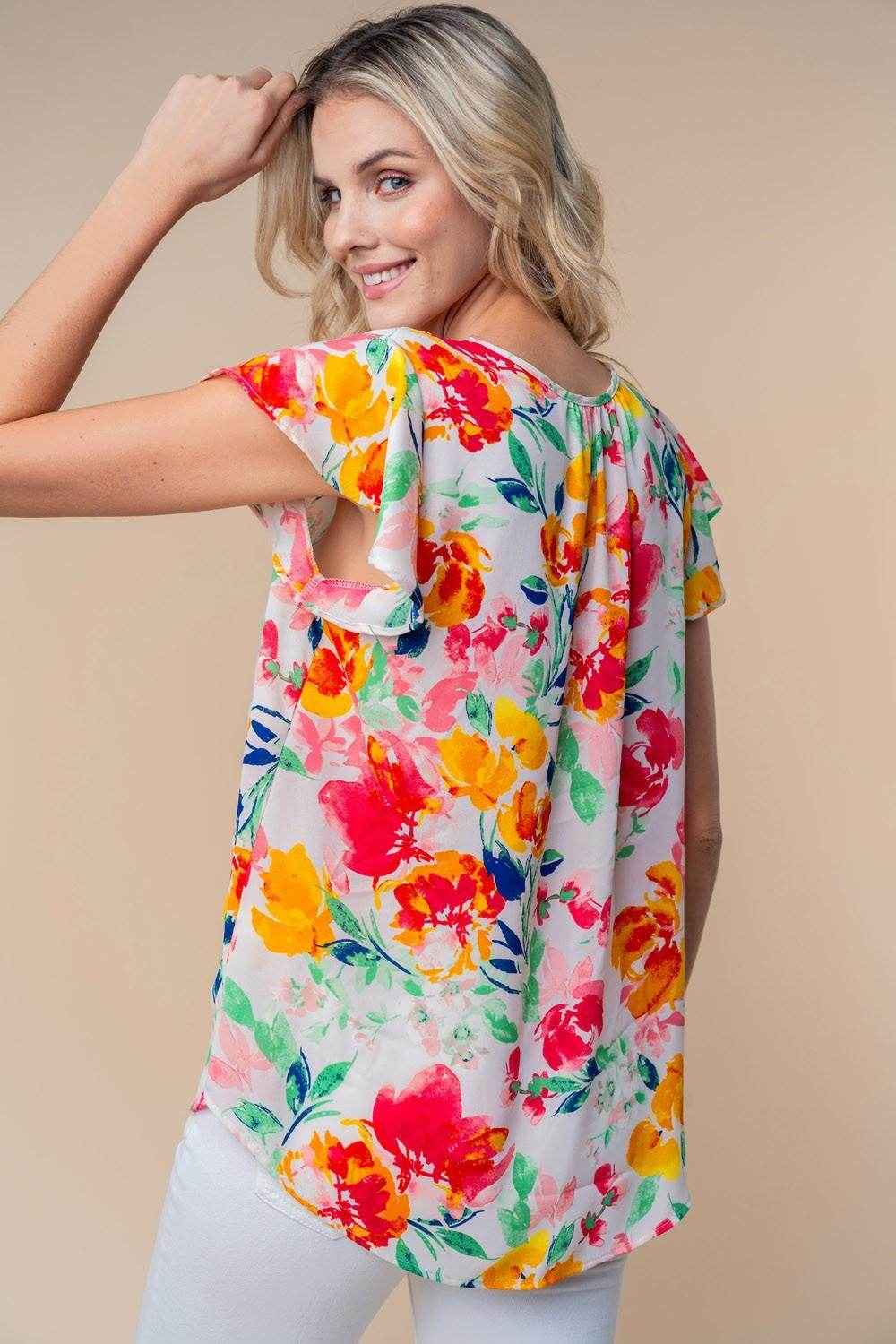 White Birch Full Size Short Sleeve Floral Woven Top for Women