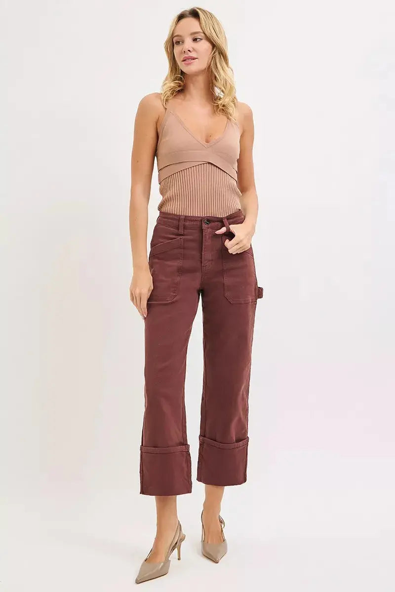RISEN Jeans - Full Size High Rise Wide Straight Cuffed Patch Jeans