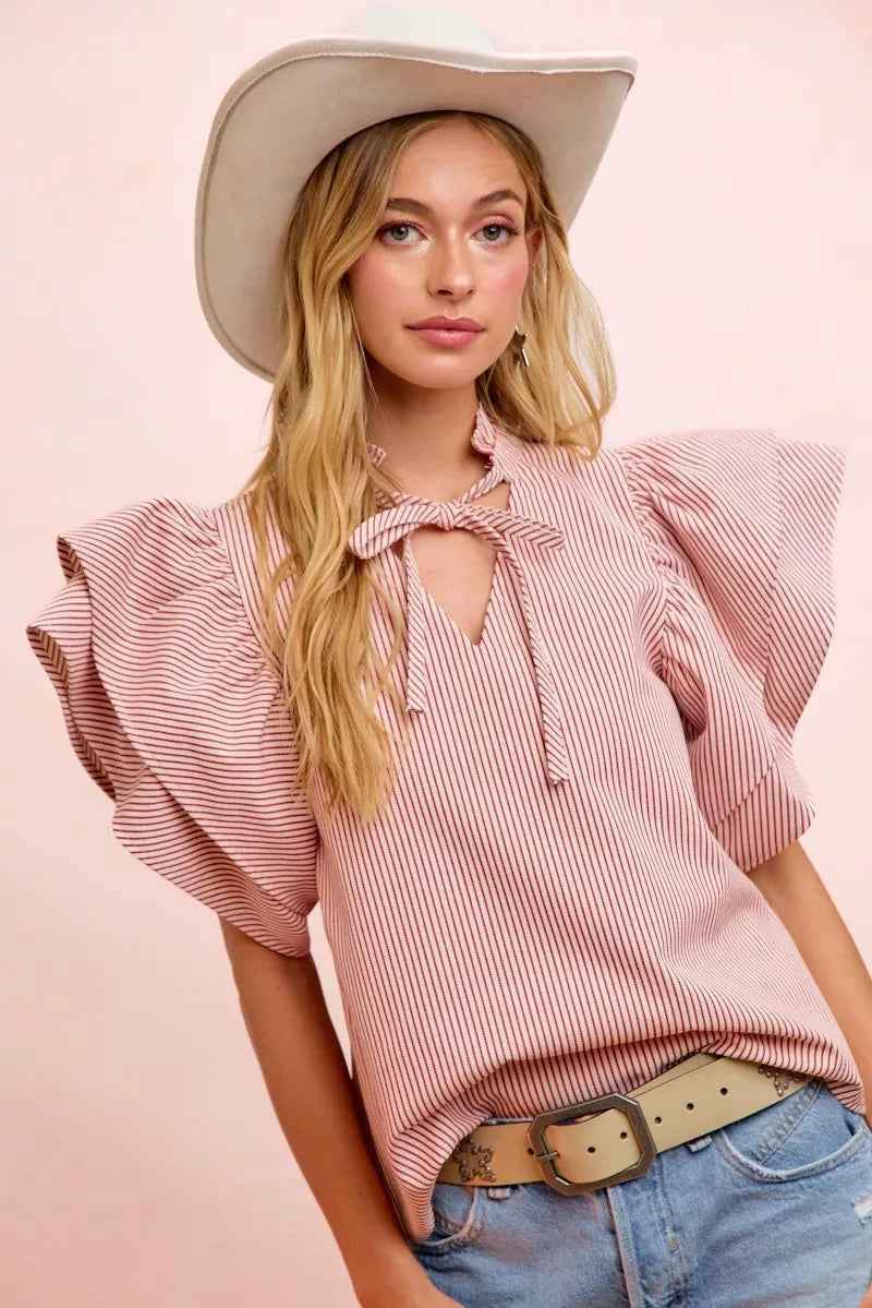 Red Twill Striped Ruffle Sleeve Blouse by BiBi