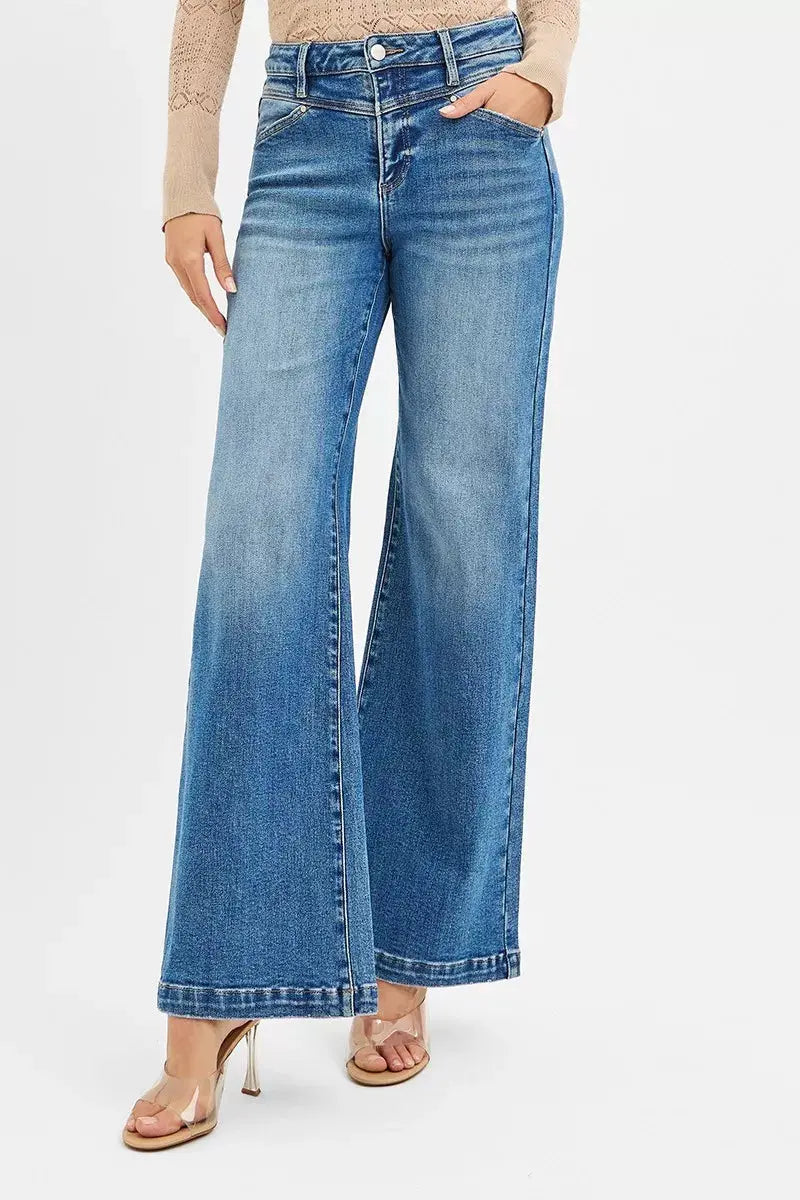 RISEN Jeans - High Rise Wide Leg Jeans with Front Yoke and Heart Back Pocket