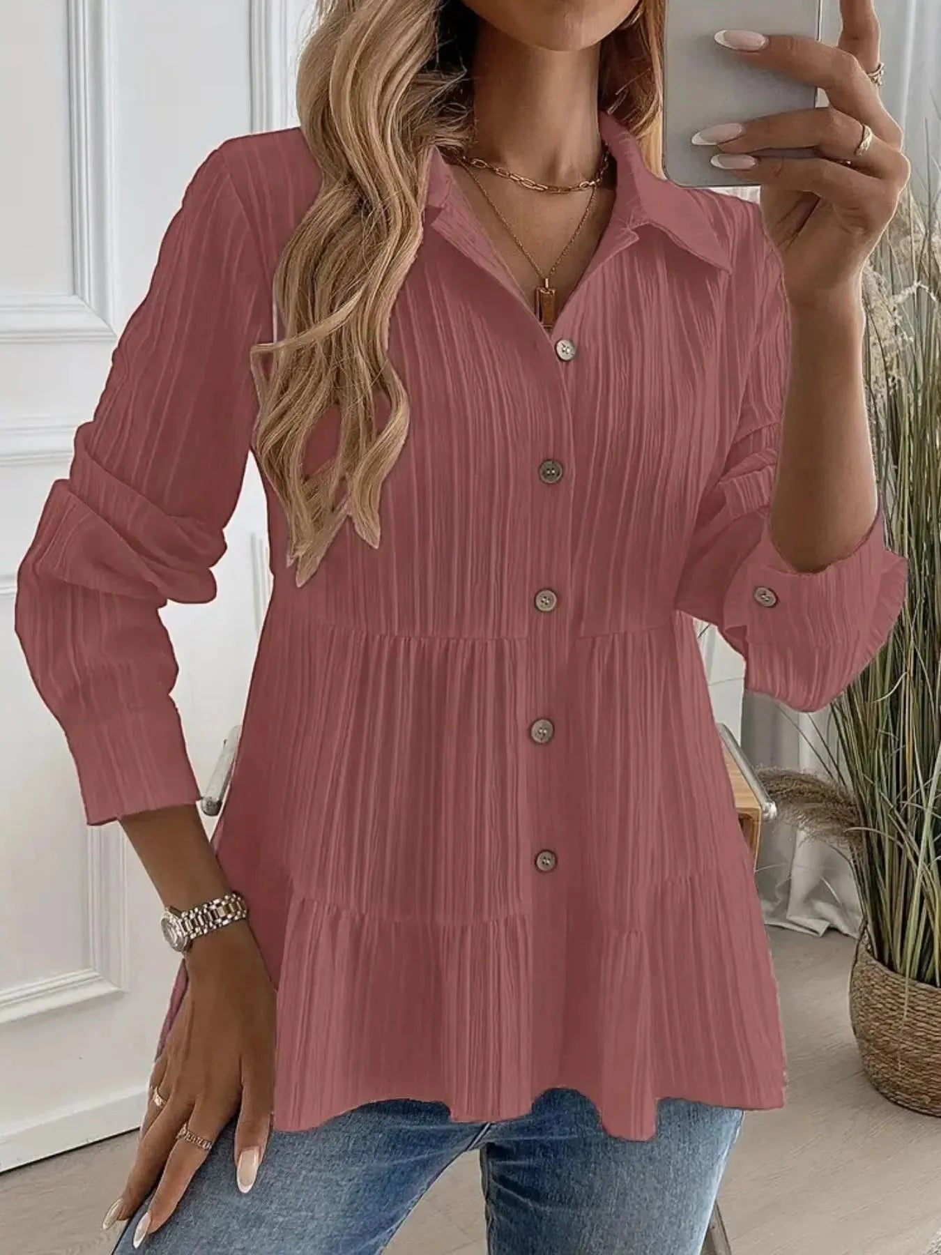 Striped Tiered  Button Down Shirt