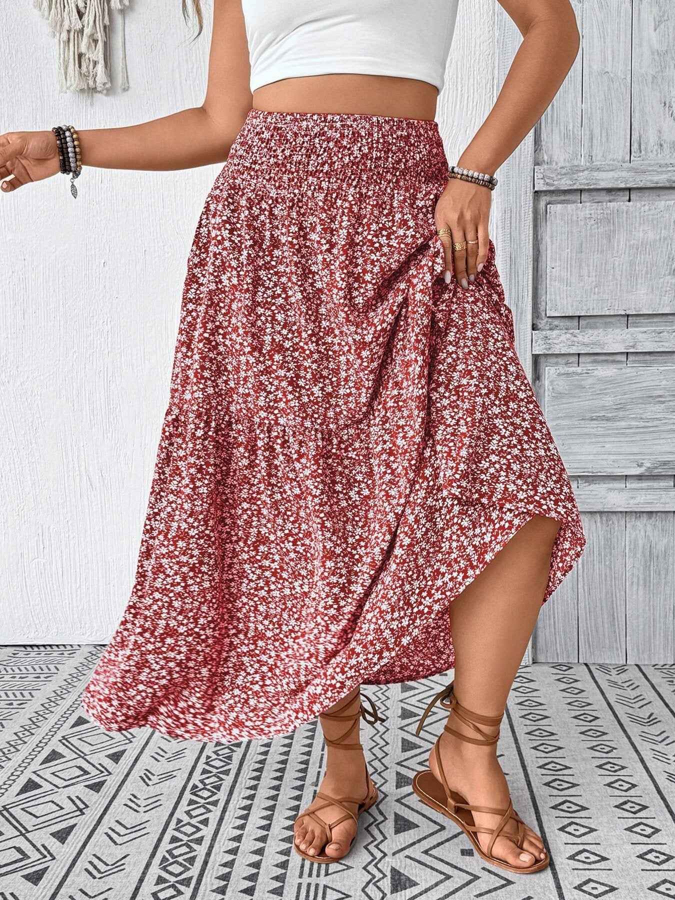 Plus Size Floral Print Tiered Skirt