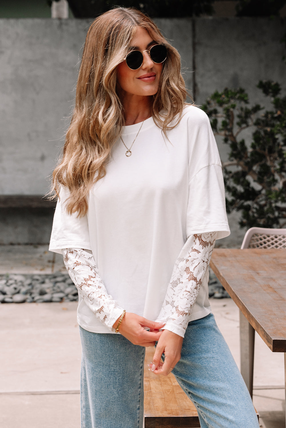 Hallie Lace Long Sleeve Insert Drop Shoulder Top