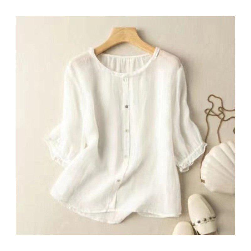 Breathable Cotton Linen Pullover Shirt with Seven-Point Sleeves