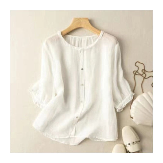 Breathable Cotton Linen Pullover Shirt with Seven-Point Sleeves
