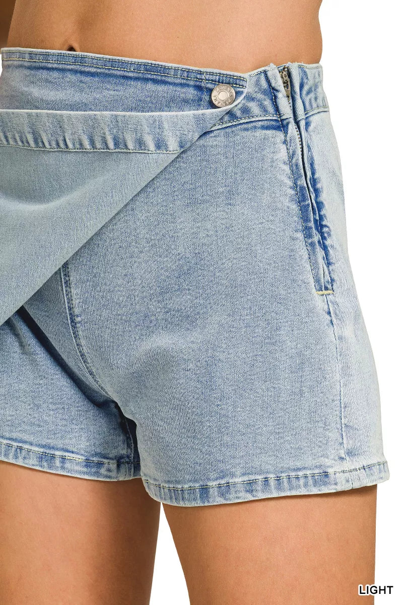 Light Wash Denim Wrap Skort with Button Detail by Zenana
