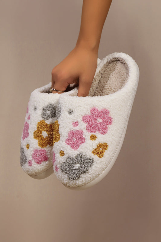 White Floral Fuzzy Winter Slippers With Cloudlike Comfort