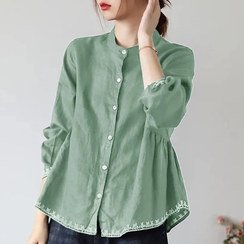Solid Color Loose Fit Plus Size Stand Collar Shirt