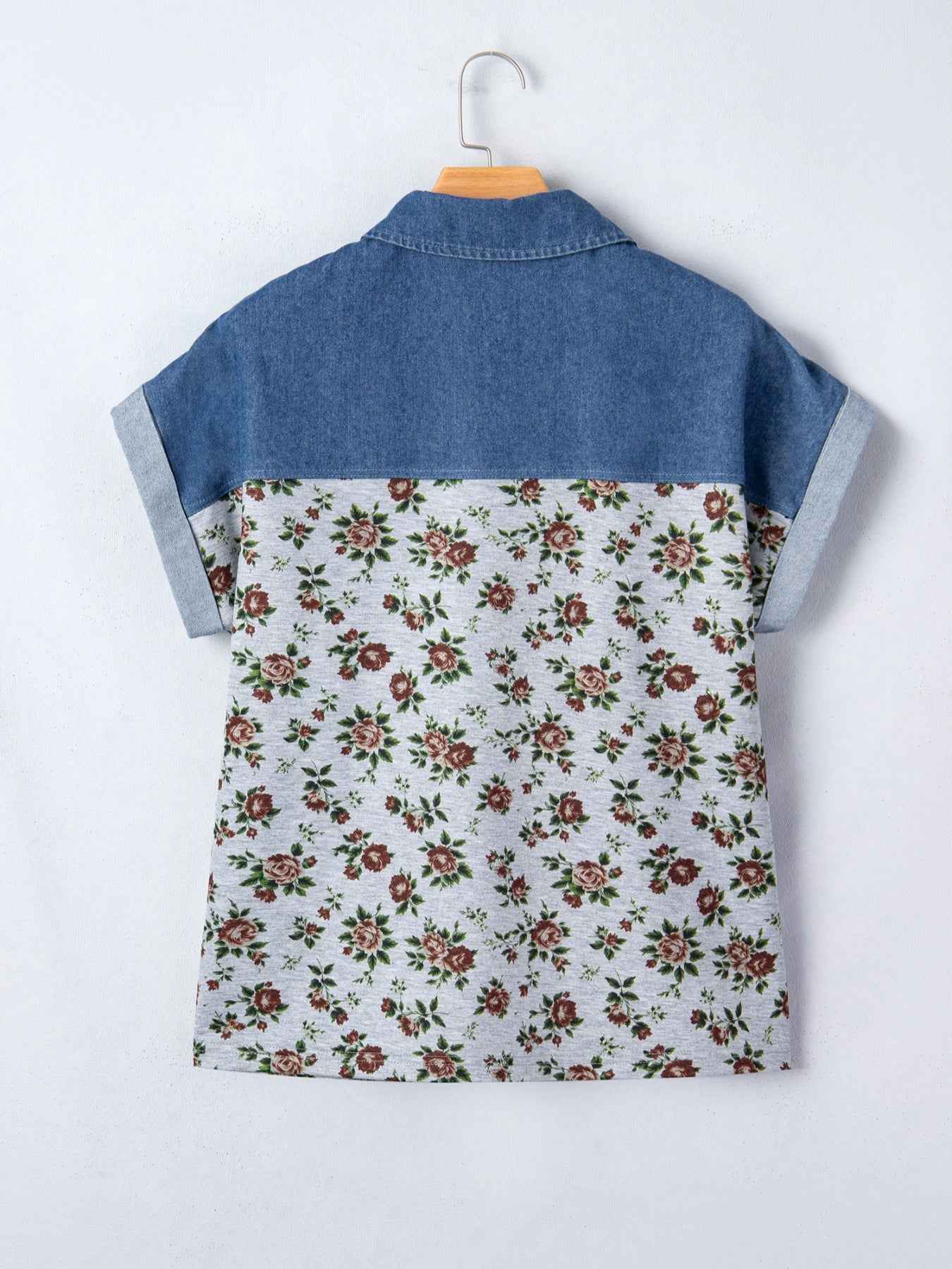 Floral Print Denim Patchwork Blouse