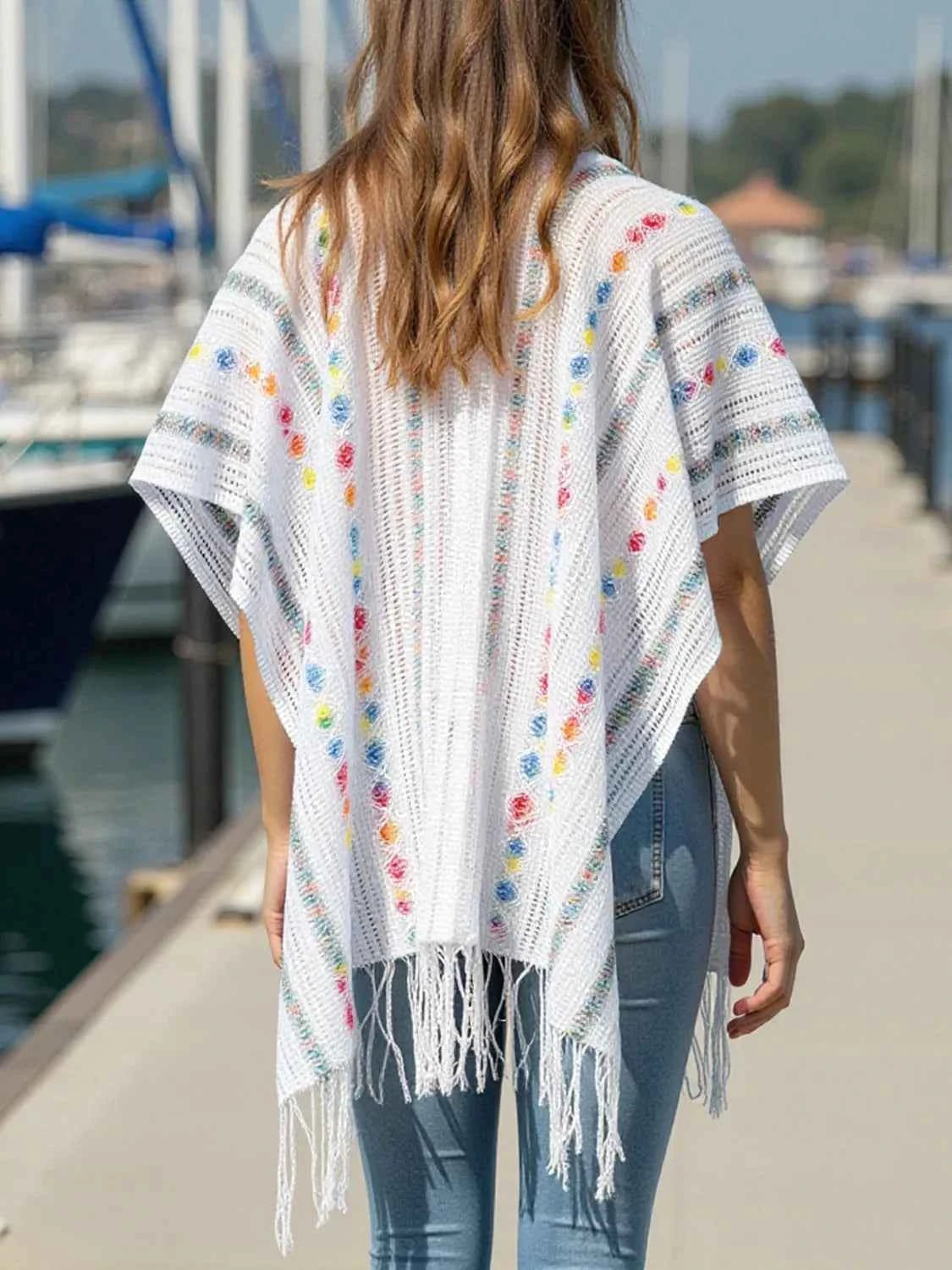 Openwork Fringe Open Front Knit Cape