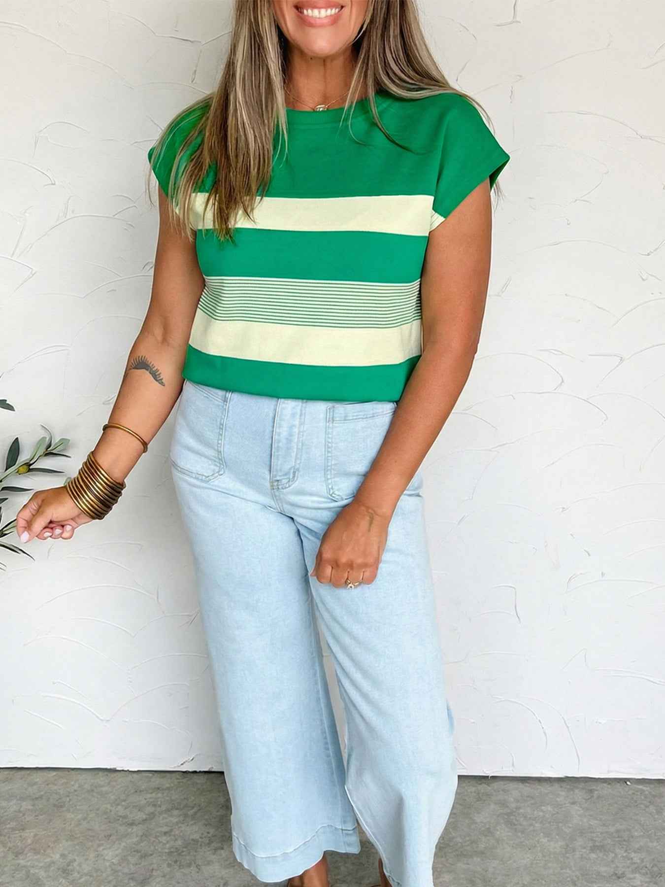 Stripe Mixed Print Crew Neck Cap Sleeve T Shirt