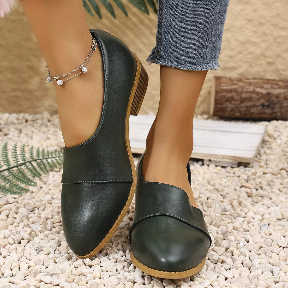 Point Toe Block Heels Loafers PU Leather Low Heel Shoes