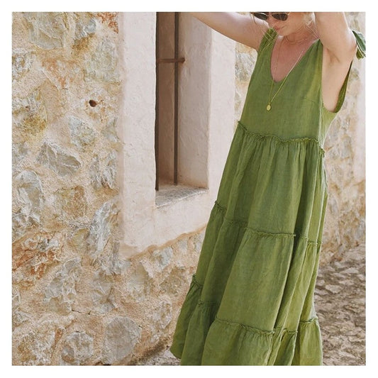 Solid Color Sleeveless Cotton Linen Dress