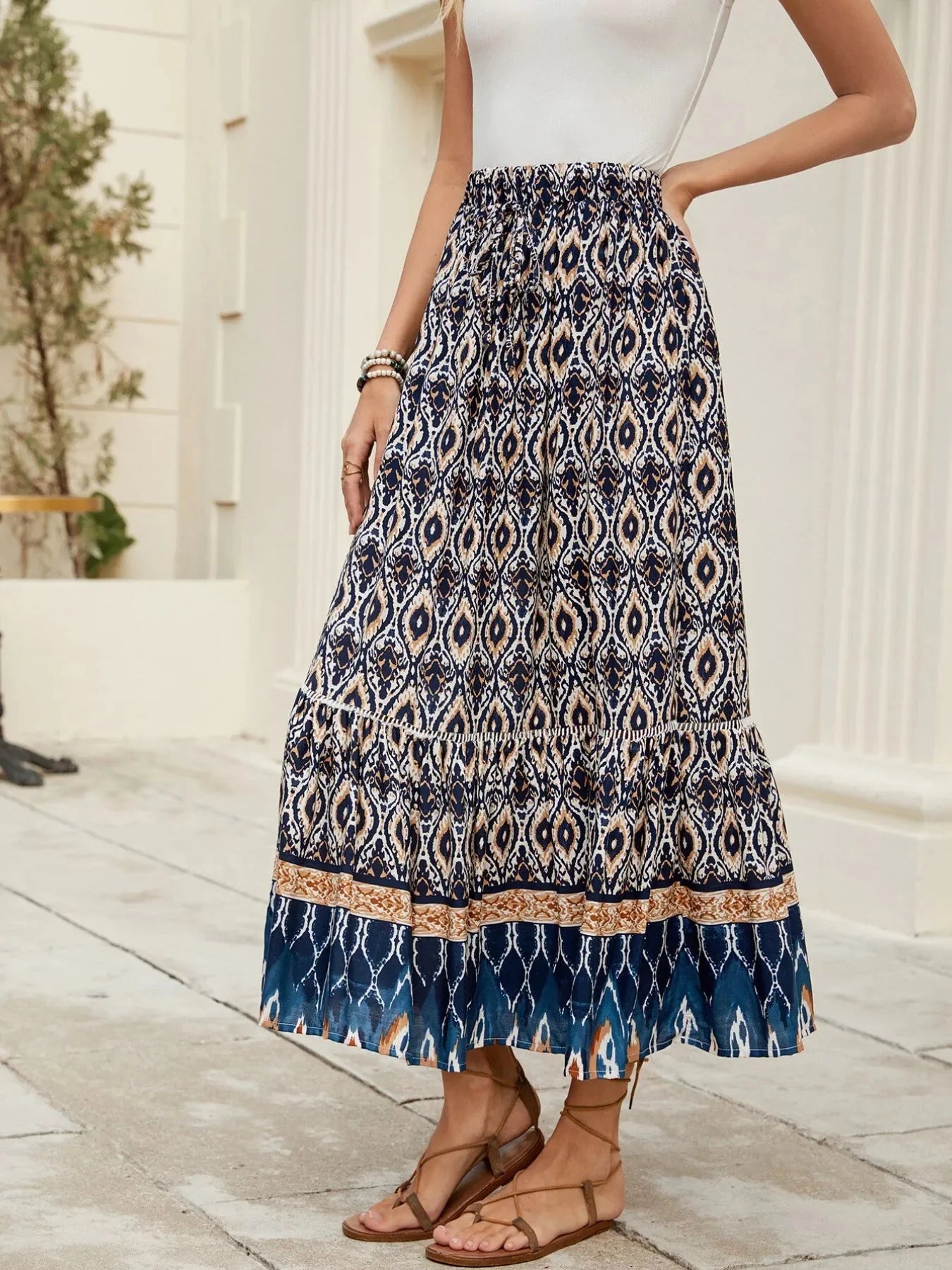 Printed Ruched Bohemian Maxi Skirt