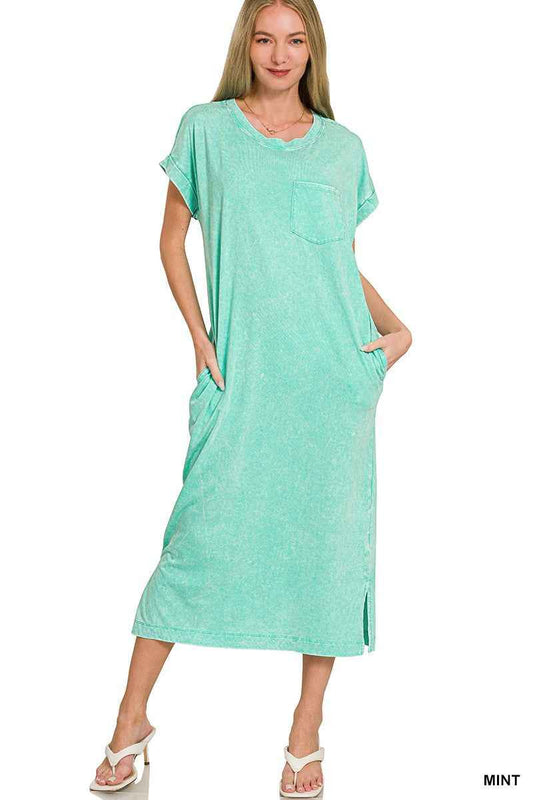 Zenana Washed Exposed Seam Short Sleeve T-Shirt Dress