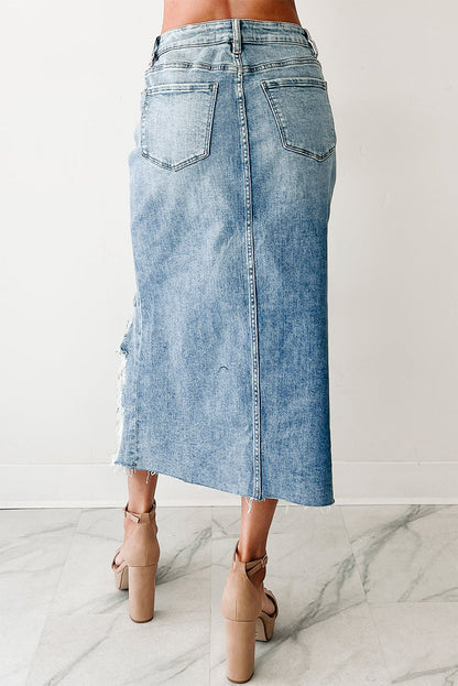 Myosotis Distressed Hem Denim Midi Skirt Irregular Look