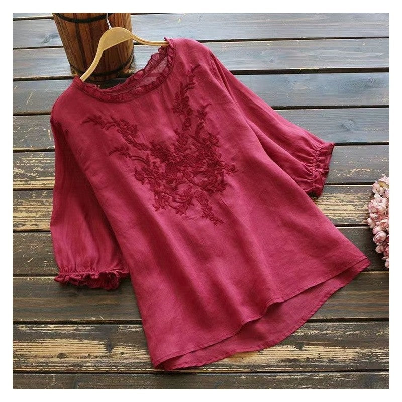 Sure! How about "Linen and Cotton Embroidered Short-Sleeve Blouse"?