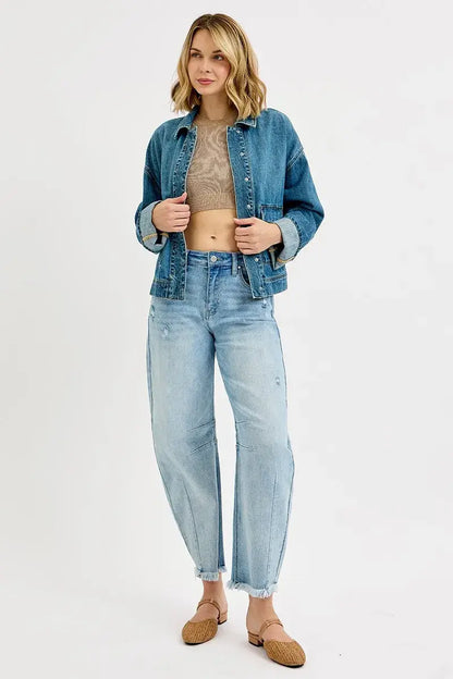 RISEN Oversized Cargo Pocket Denim Jacket with Cuffed Sleeves