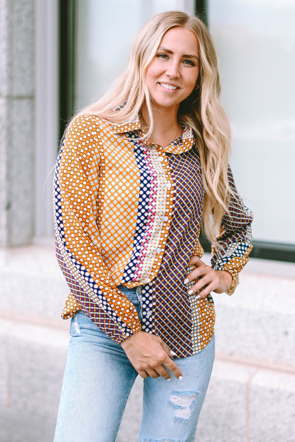 Brown Dot Print Long Sleeve Button Down Shift PLUS Shirt