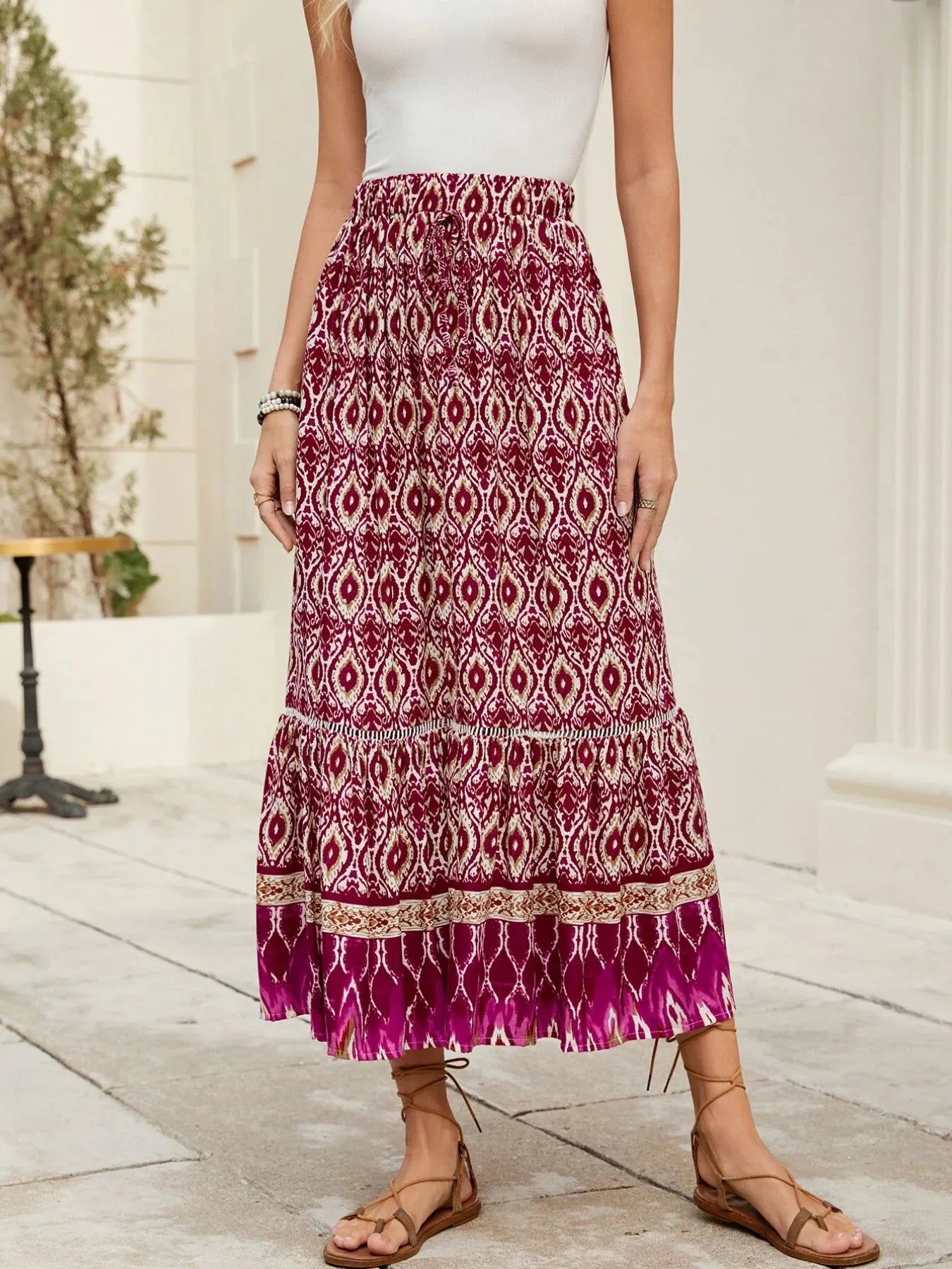 Printed Ruched Bohemian Maxi Skirt