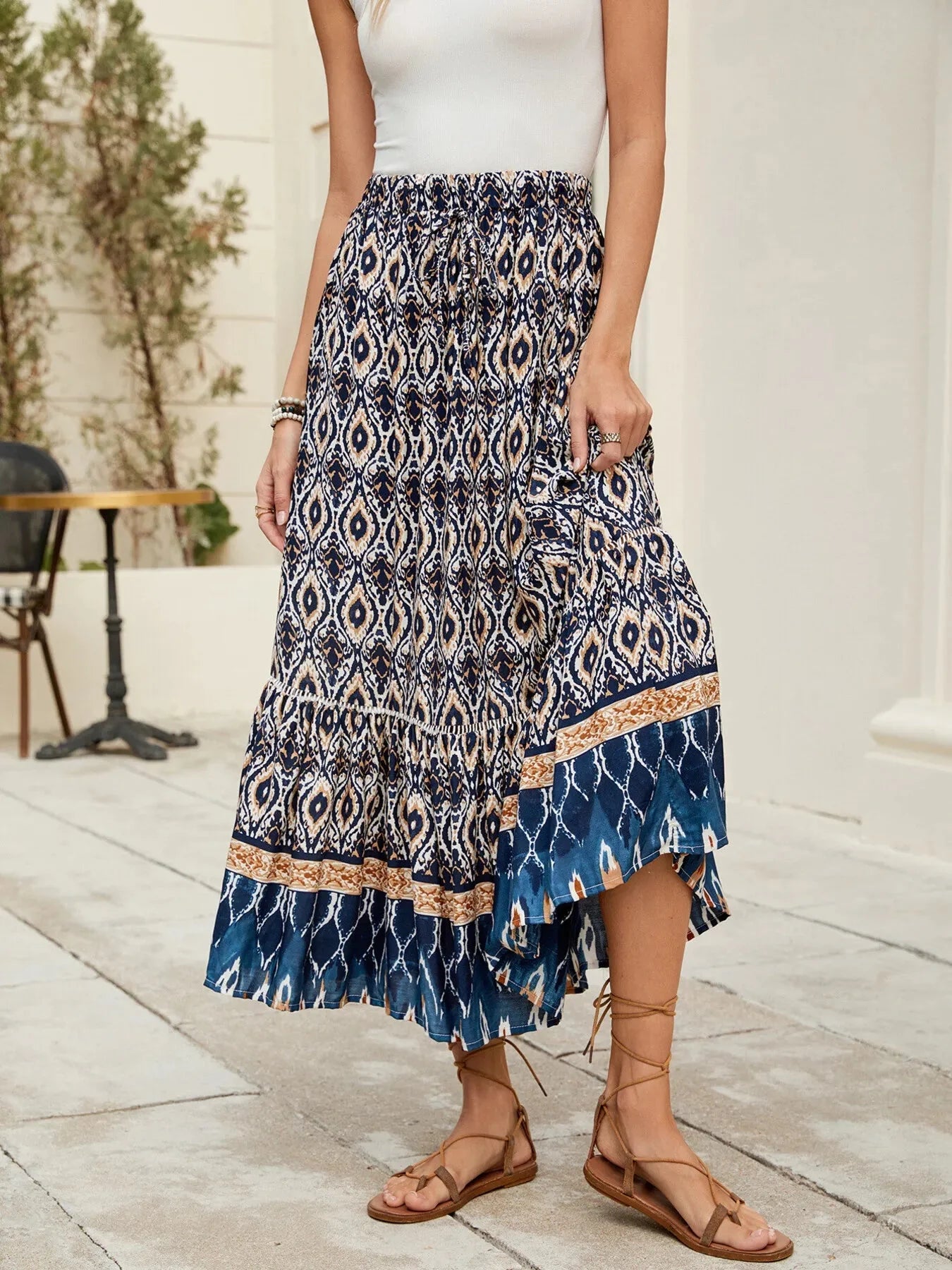 Printed Ruched Bohemian Maxi Skirt