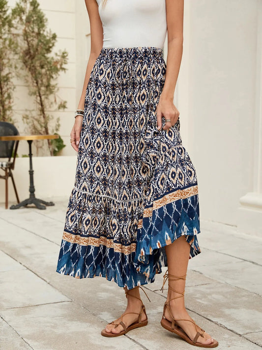 Printed Ruched Bohemian Maxi Skirt