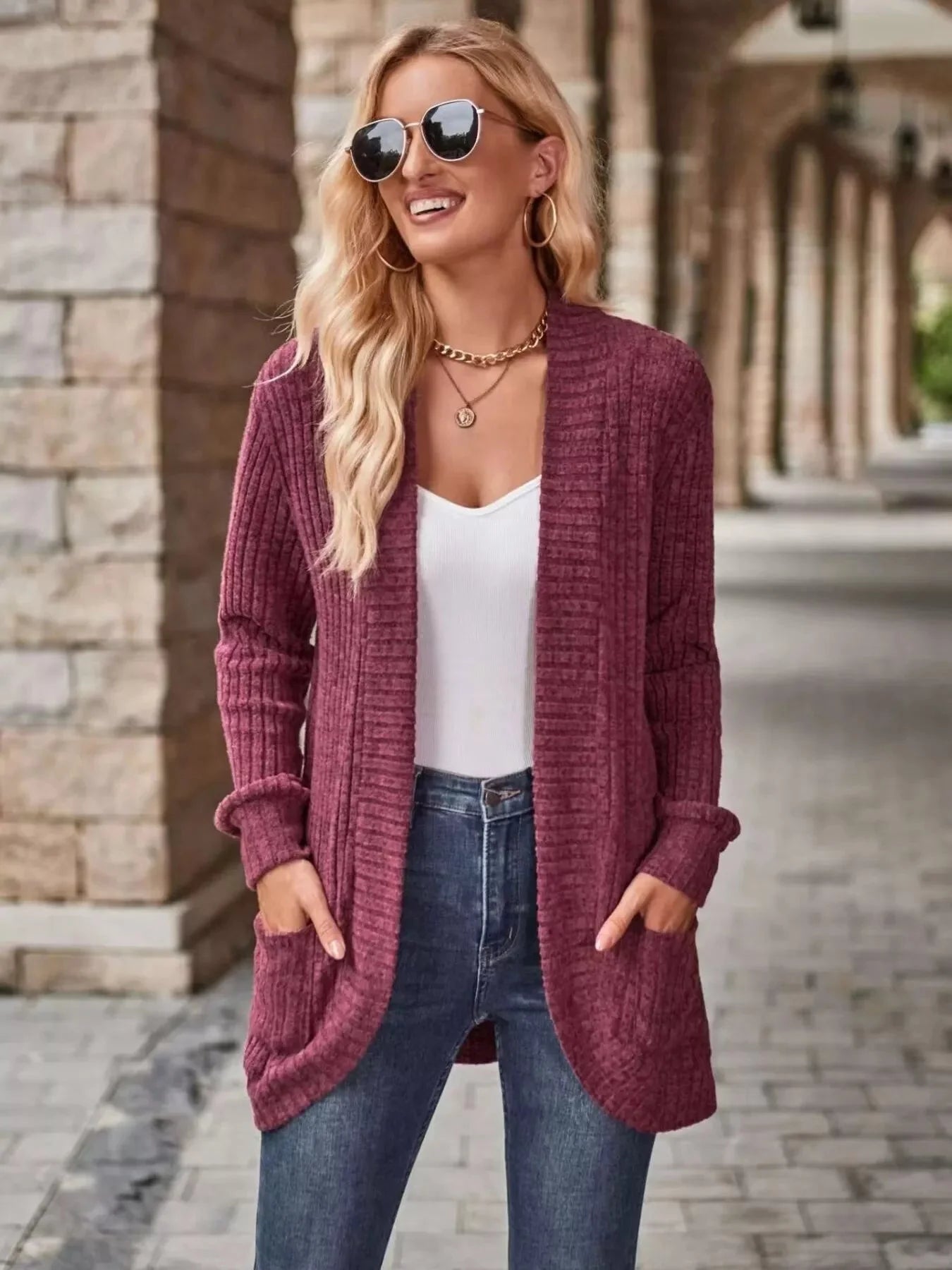 Ribbed Knit Open Front Cardigan