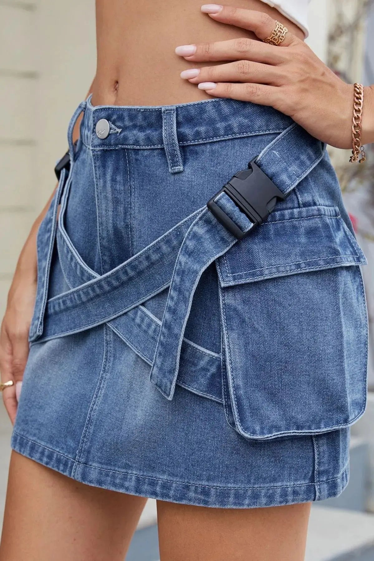 Criss-Cross Waist Pocketed Denim Mini Skirt