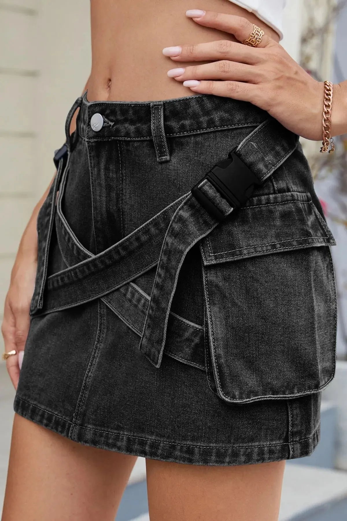 Criss-Cross Waist Pocketed Denim Mini Skirt