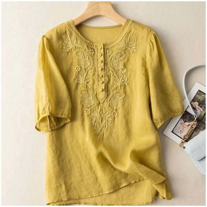 Embroidered Cotton Linen Loose Fit Round Neck Top