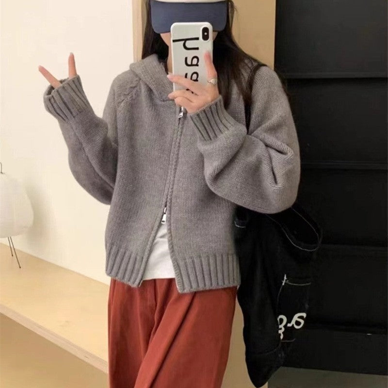 Solid Color Long Sleeve Hooded Zipper Knitted Cardigan Sweater