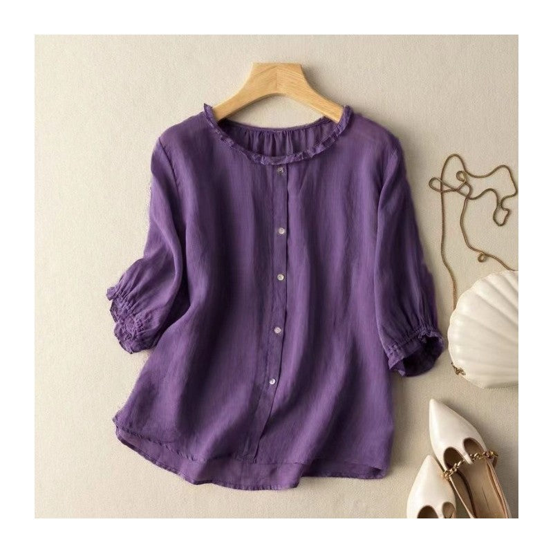 Breathable Cotton Linen Pullover Shirt with Seven-Point Sleeves