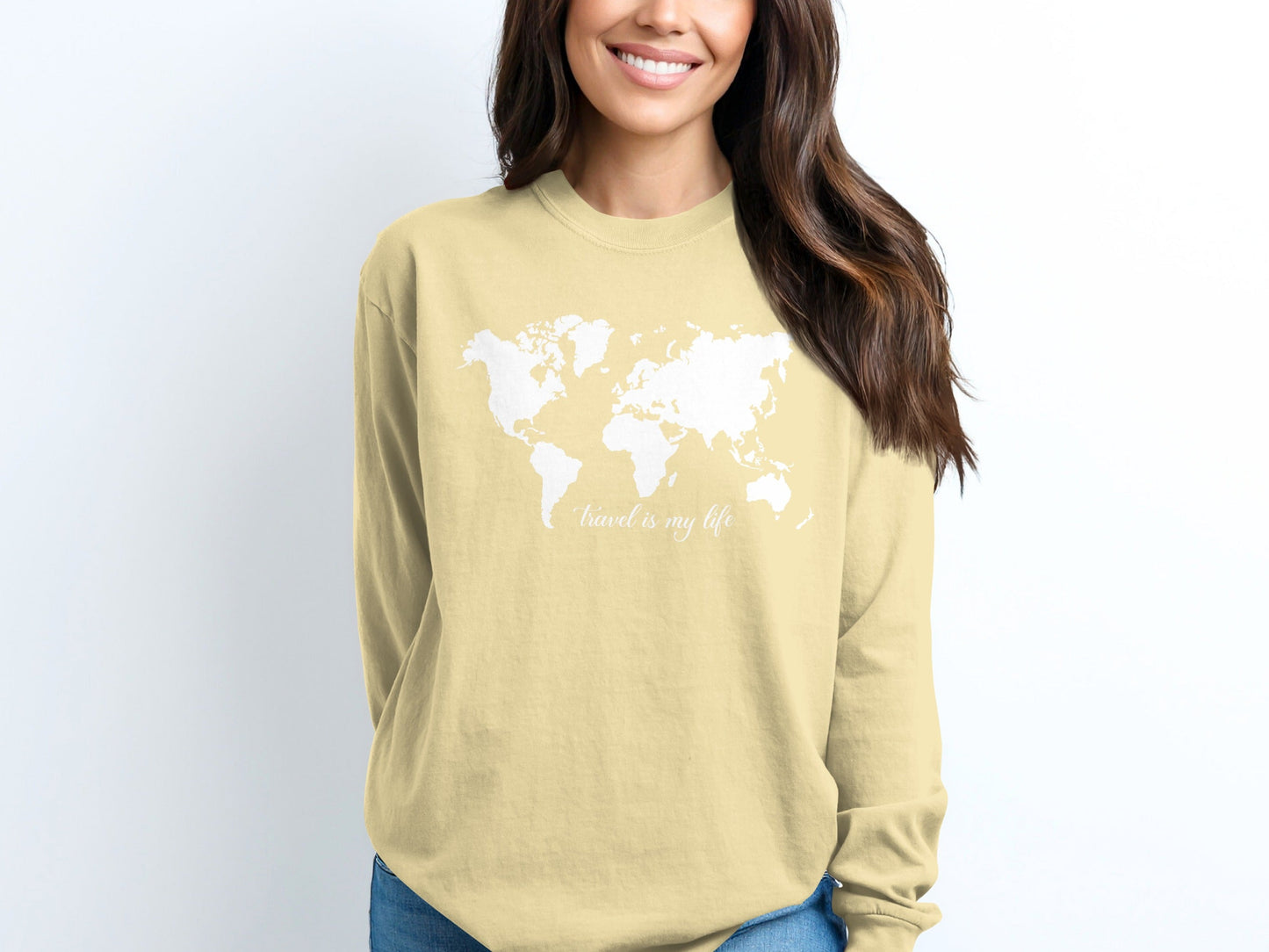Travel Is My Life World Map Simple Modern Long Sleeve T-Shirt