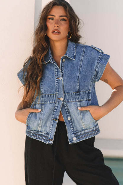 Blue Acid Wash Elastic Hem Button Up Denim Vest