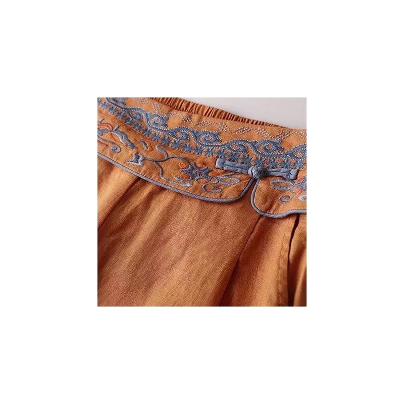 Embroidered Wide-Leg Cotton and Linen Pants