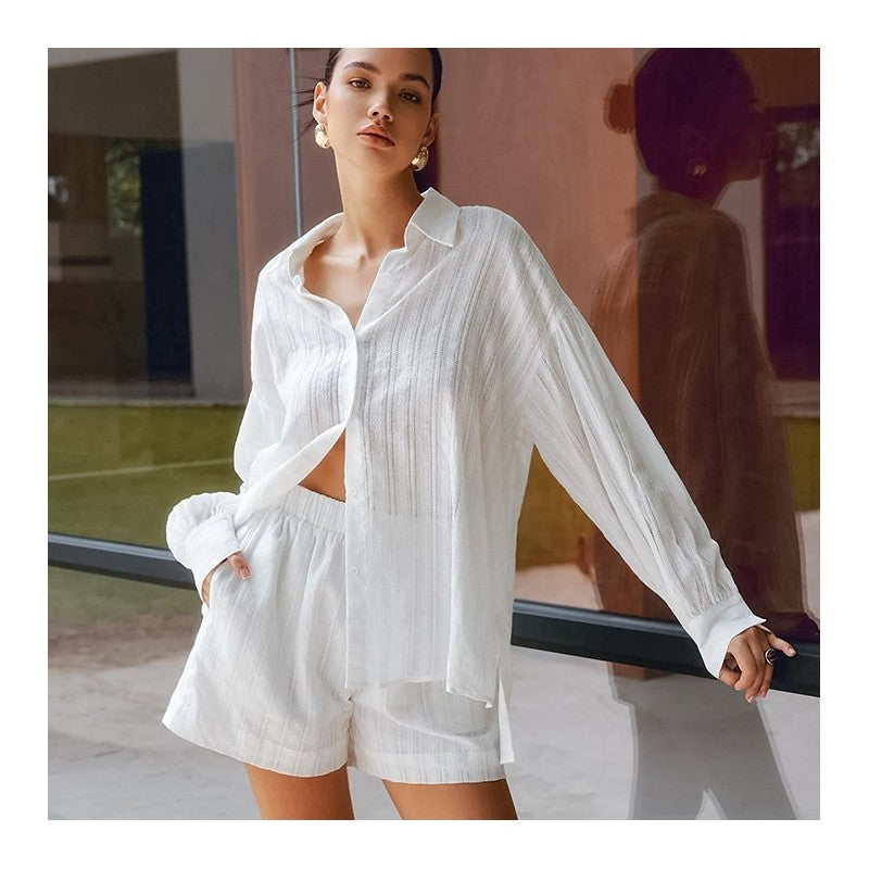 Breathable Cotton Long Sleeve Pajama Set with Shorts