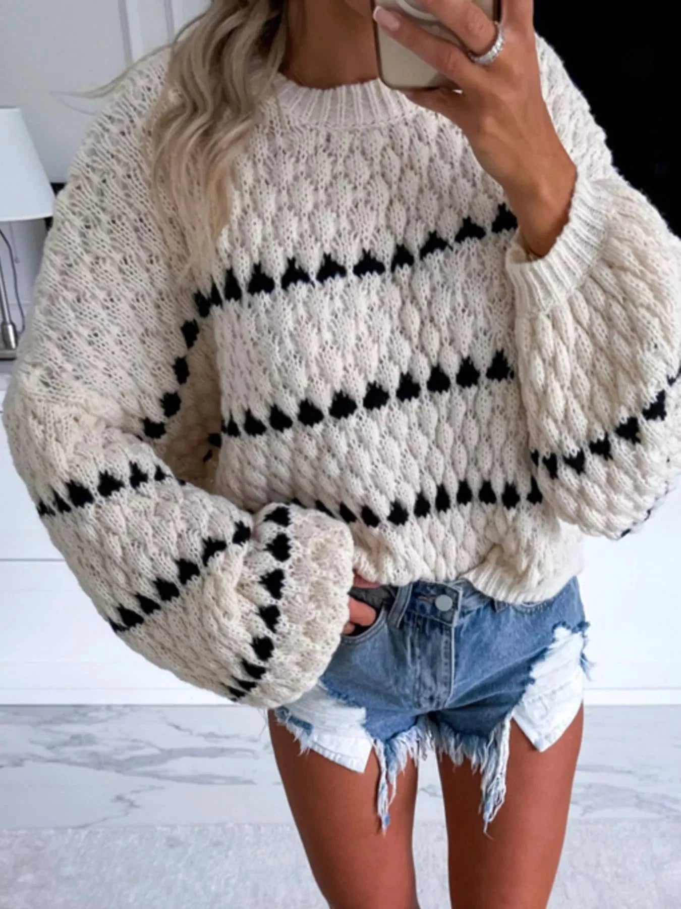 Striped Chunky Knit Sweater with Balloon Sleeves