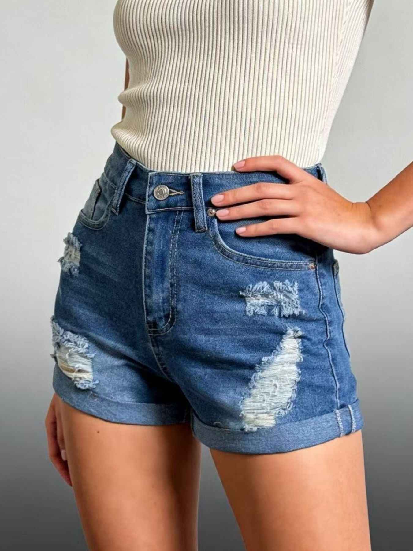 Distressed High-Waisted Denim Shorts