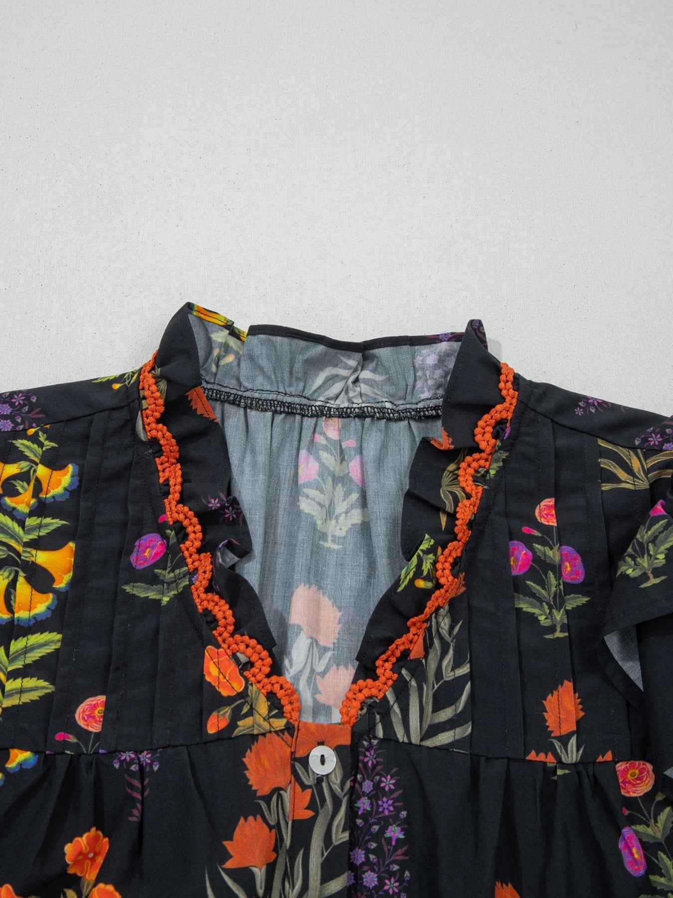 Floral Print Lace Trim Frilled V Neck Short Sleeve Shirt