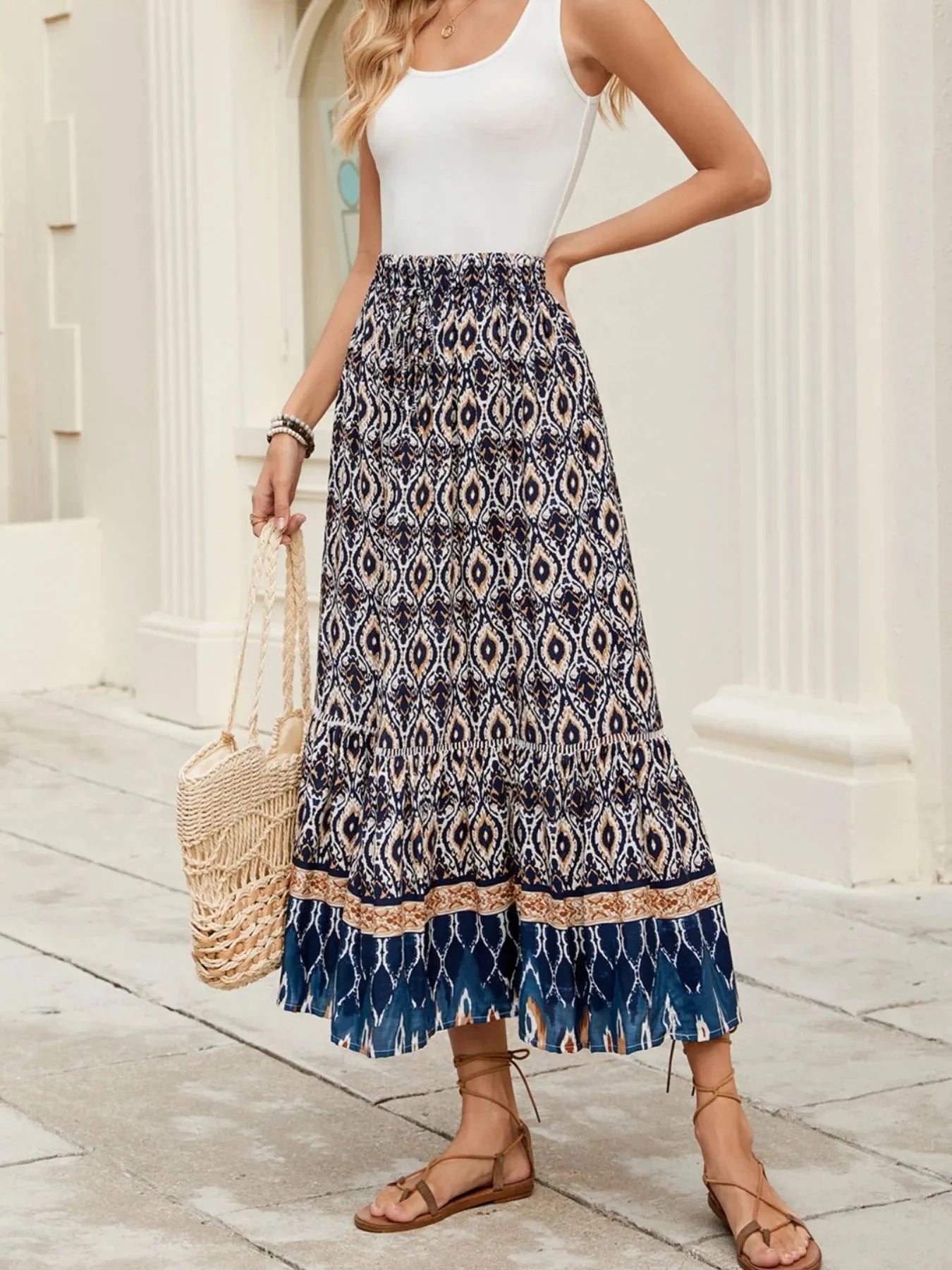 Printed Ruched Bohemian Maxi Skirt