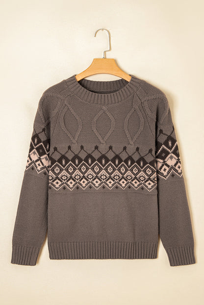 Alana Western Geometric Patterned Crew Neck Knitted Sweater