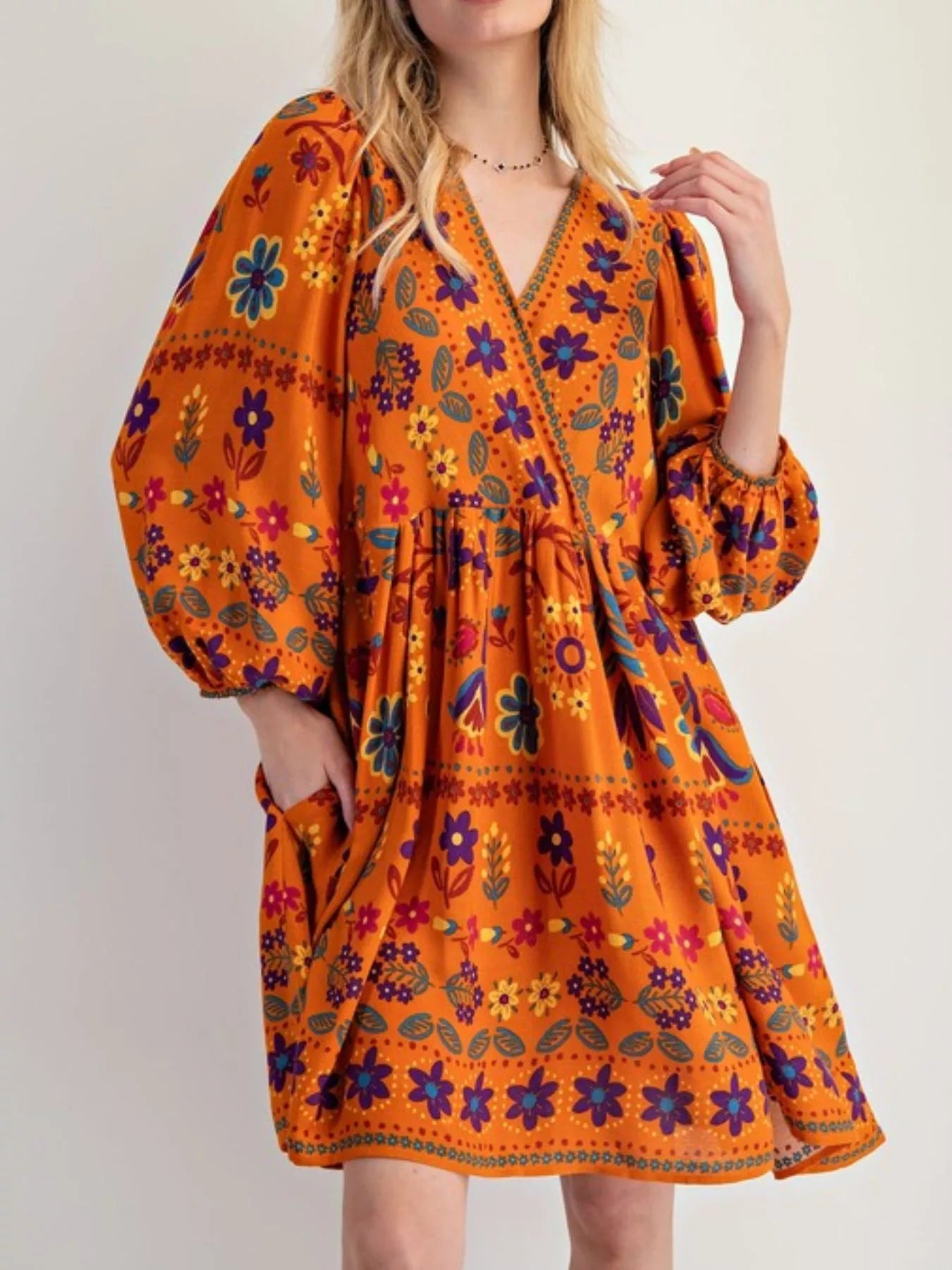 Bohemian Floral Print Long Sleeve Mini Dress