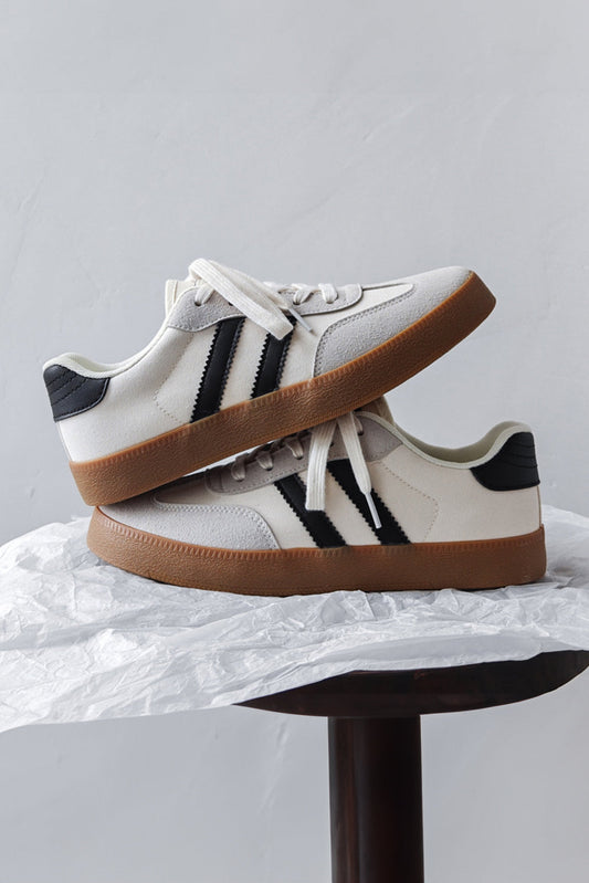 White Striped Lace Up Flat Sneakers For Everyday Comfort