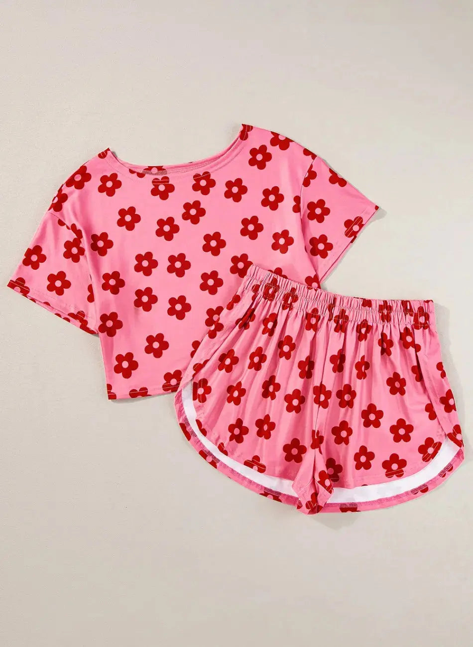 Pink & Red Floral Cropped Tee and Shorts Womens Loungewear Set