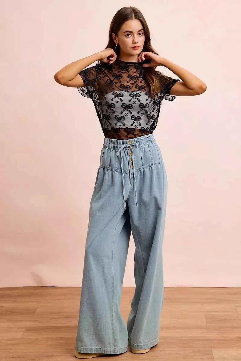 Black High Neckline Short Sleeves Bow Pattern Mesh Top by BiBi