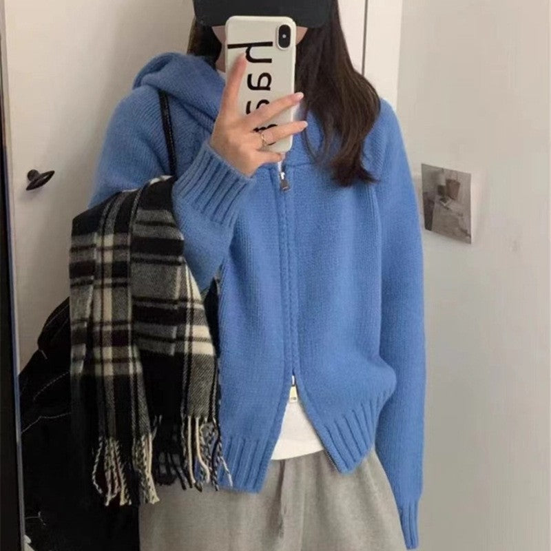 Solid Color Long Sleeve Hooded Zipper Knitted Cardigan Sweater